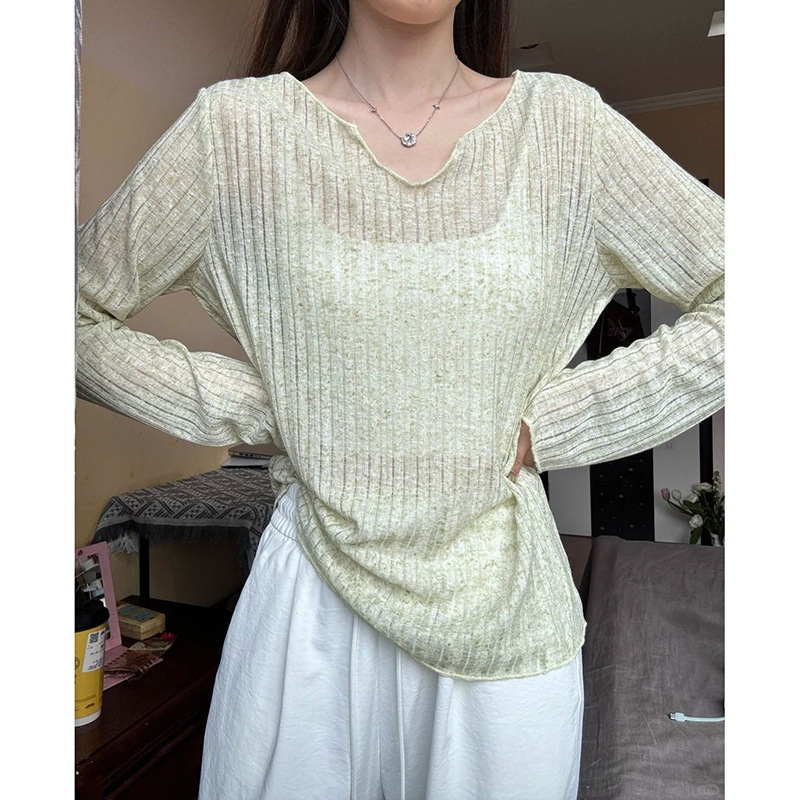 Light Green V-Neck Youthful Ruffle Edge Summer Sun Protection Cover-Up T-Shirt for Women, Spring and Autumn Ribbed Long-Sleeve Thin Semi-Sheer Top Light Green V-Neck Youthful Ruffle Edge Summer Sun Protection Cover-Up T-Shirt for Women, Spring and Autumn Ribbed Long-Sleeve Thin Semi-Sheer Top