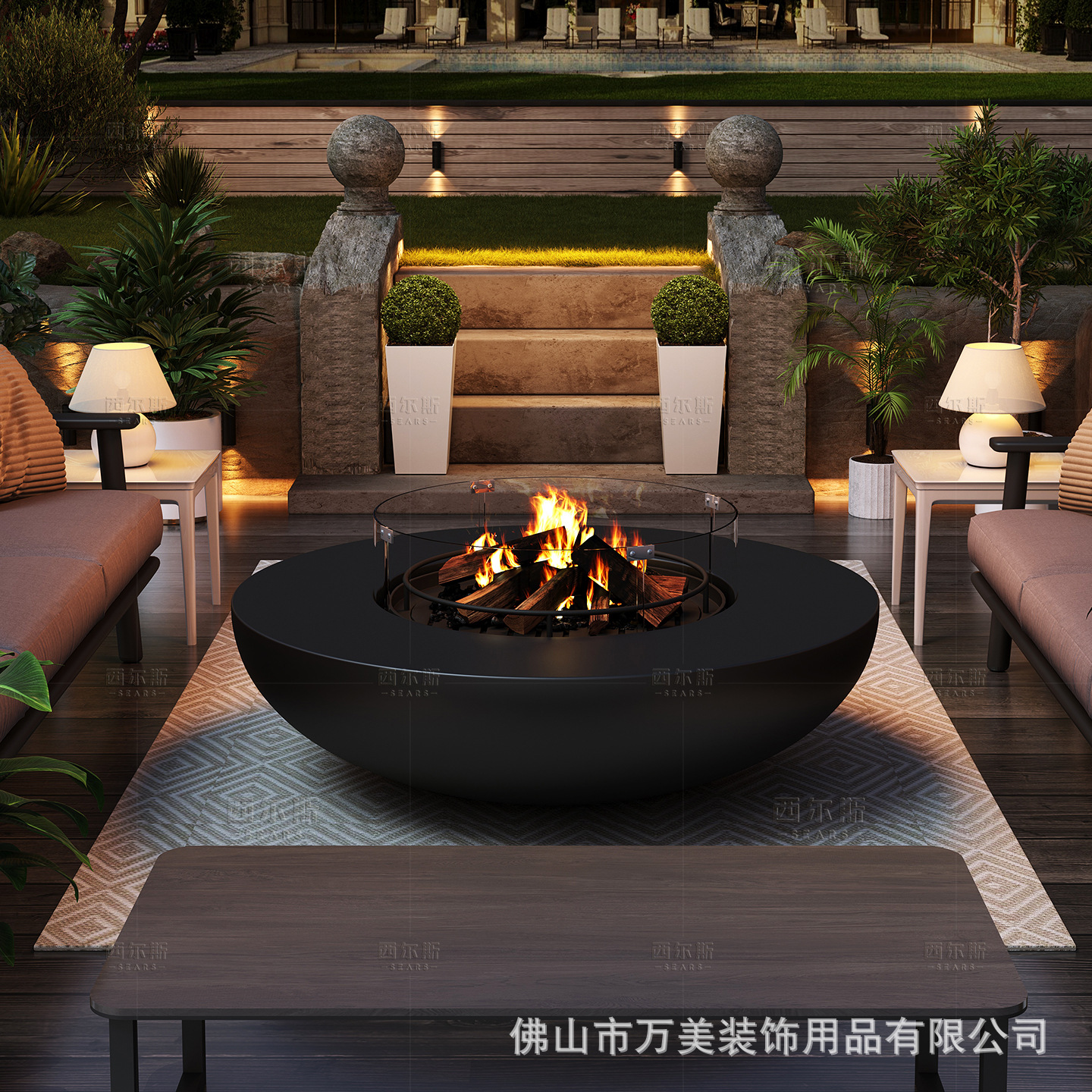 Bowl-shaped outdoor art fireplace, wood-burning, gas-powered, for villas, courtyards, gardens, and landscape art, featuring a real fire