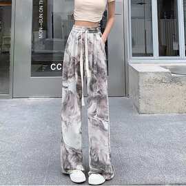 冰丝扎染休闲直筒裤女夏季2026新款高腰宽松显瘦垂坠感阔腿裤潮流