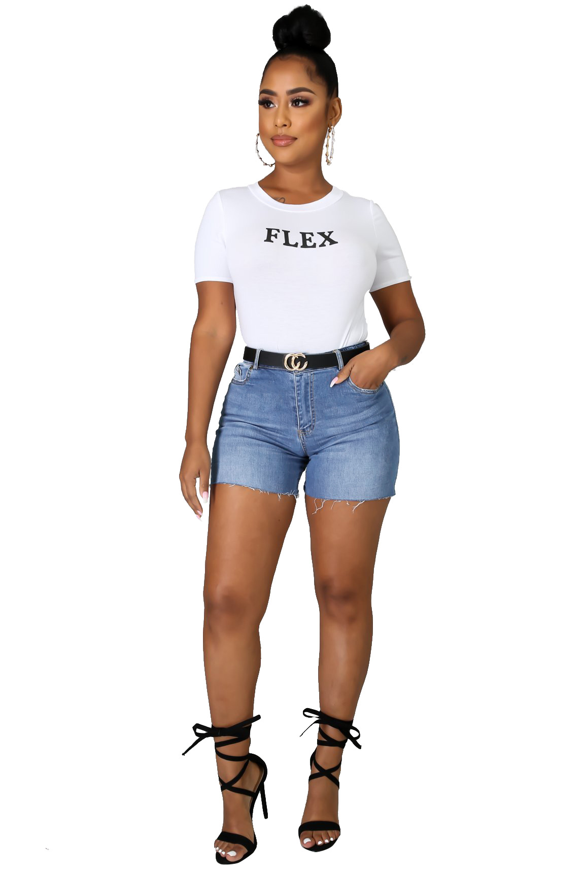 Plus Size High Elastic Slim Denim Shorts NSWL116171