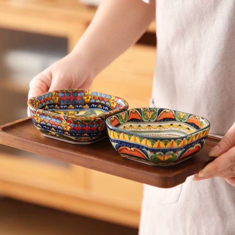 Retro hogar al por mayor cubiertos de cerámica platos de arroz bohemia condimento platos de condimento platos de arroz de color cuadrangular