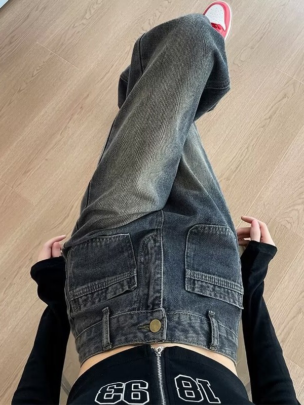 Cement Grey Wide Leg Jeans Women's Spring and Autumn 2023 New High Waist Loose Straight Pants