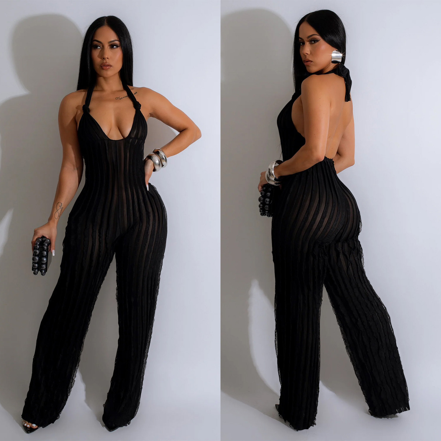 C6737 transfronterizo AliExpress Amazon Europa y América de las mujeres de la moda de color sólido sin respaldo profundo V plisado Halter mono de las mujeres
