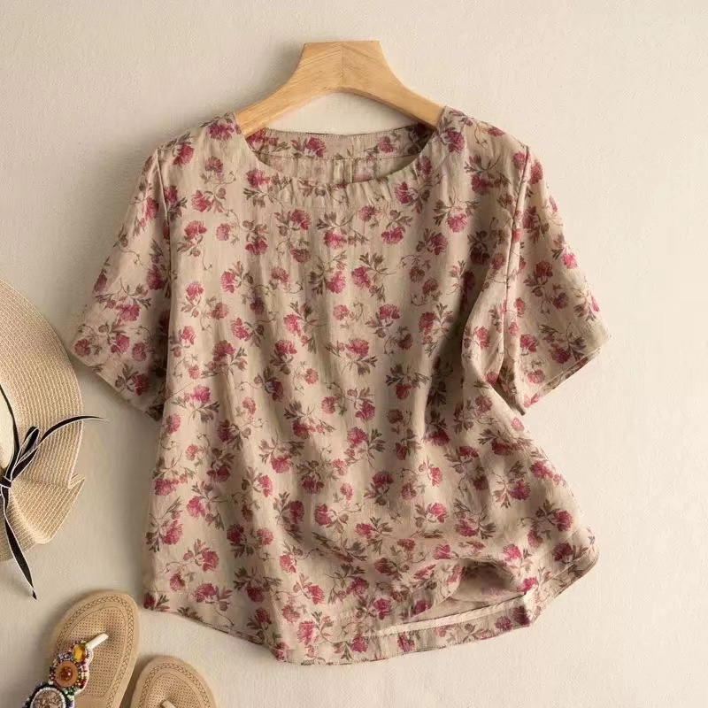 外国貿易輸出ラストオーダーの小さな新鮮な花柄のコットンとリネンのプルオーバートップ、女性用多用途スリミングコットンとリネンの半袖Tシャツをピックアップします。|undefined