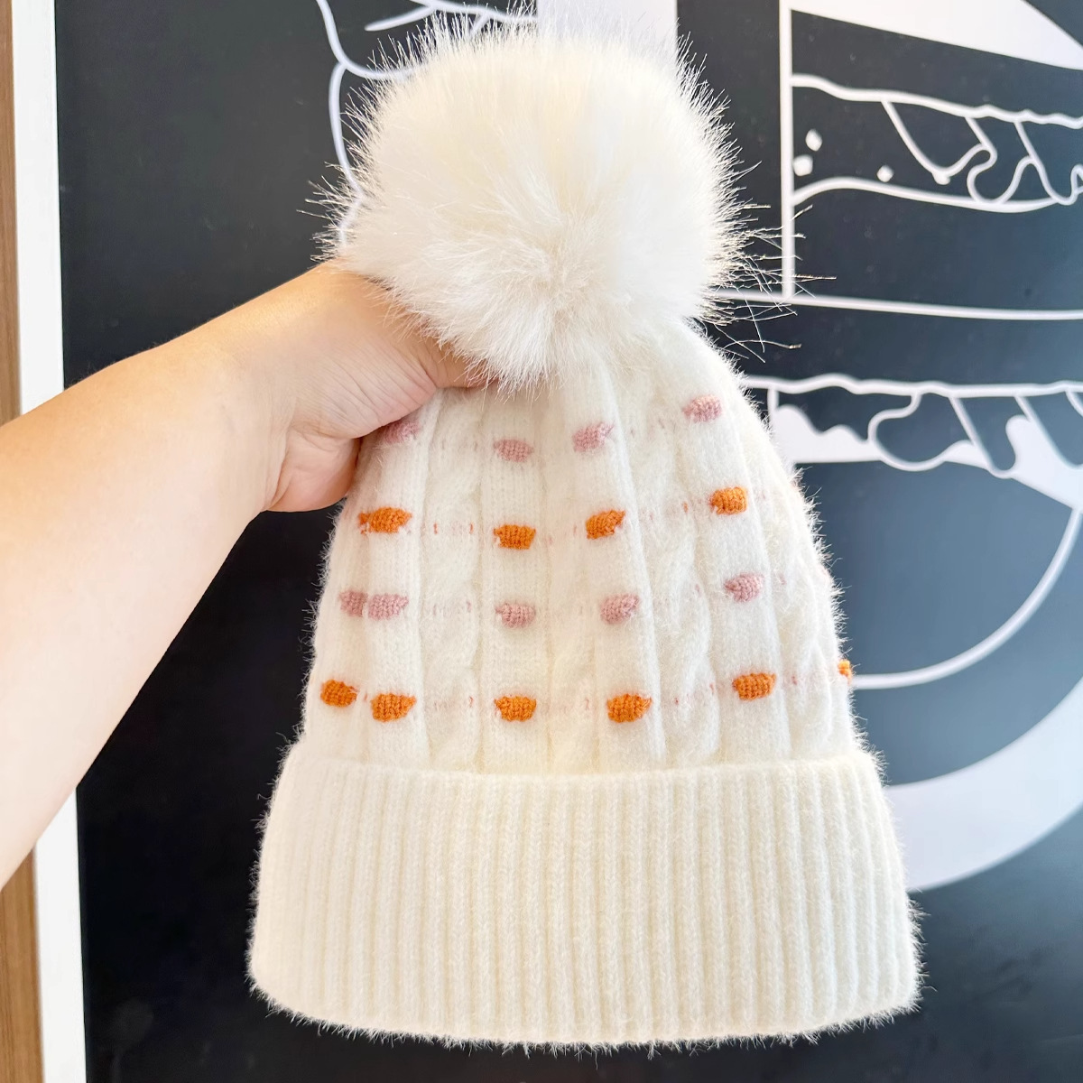 Cappello invernale da uomo e da donna in lana, caldo, spesso, con fodera in pile, alla moda, versatile, all'ingrosso, a pois, in maglia jacquard._voghion.com