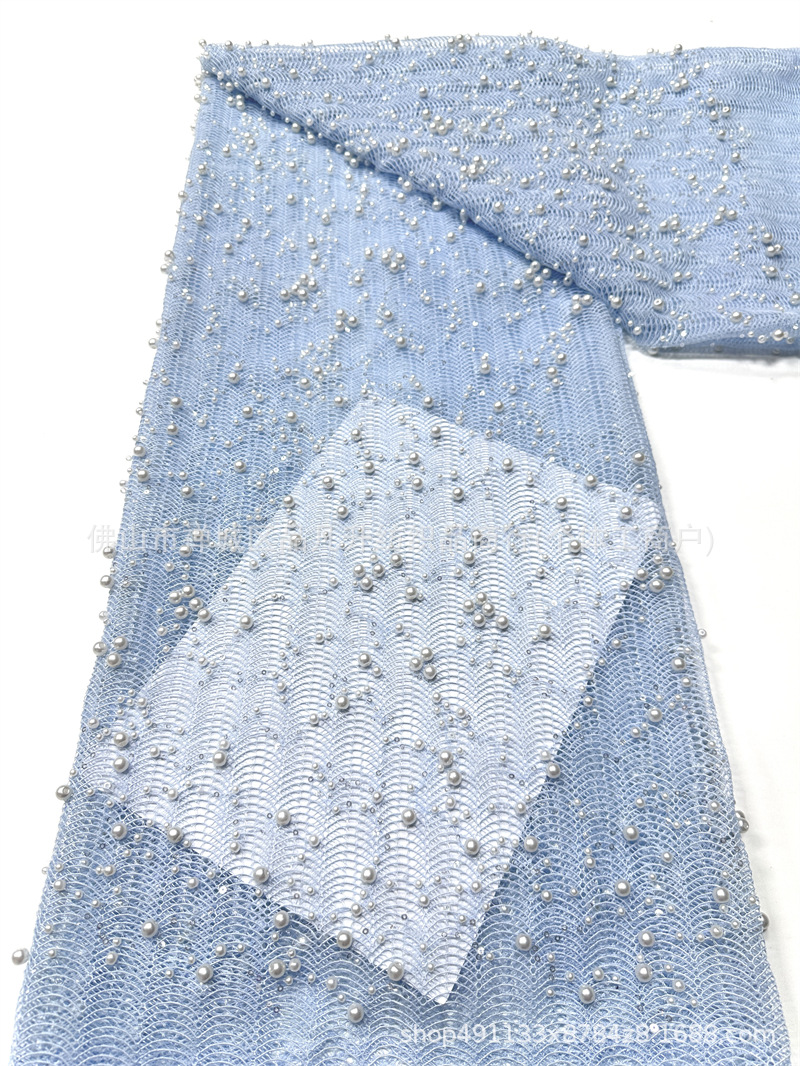Inventario de tela de malla de cuentas de clavos pesados tamaño de perla ondulado bordado vestido de boda vestido de noche cheongsam tela