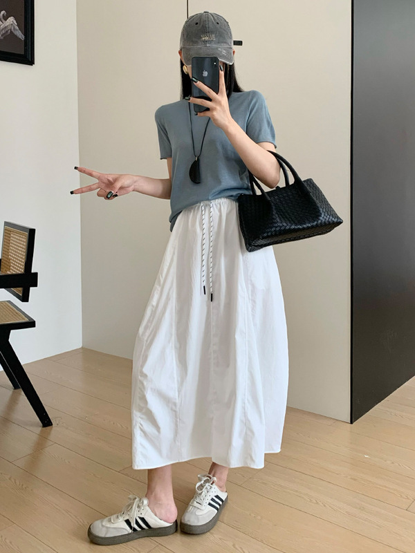 韓国風スプライシングワークウェアパンプキンスカート女性の夏の新しいルーズハイウエストスリムカバー多用途ミドル丈スカート|undefined