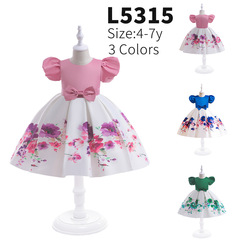 跨境童裝印花連衣裙兒童禮服小女孩走秀鋼琴演出服洋氣禮服公主裙