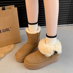 2024 new thick-soled snow boots winter new round head Joker fleece-lined thickened two-wear turnover short tube snow cotton