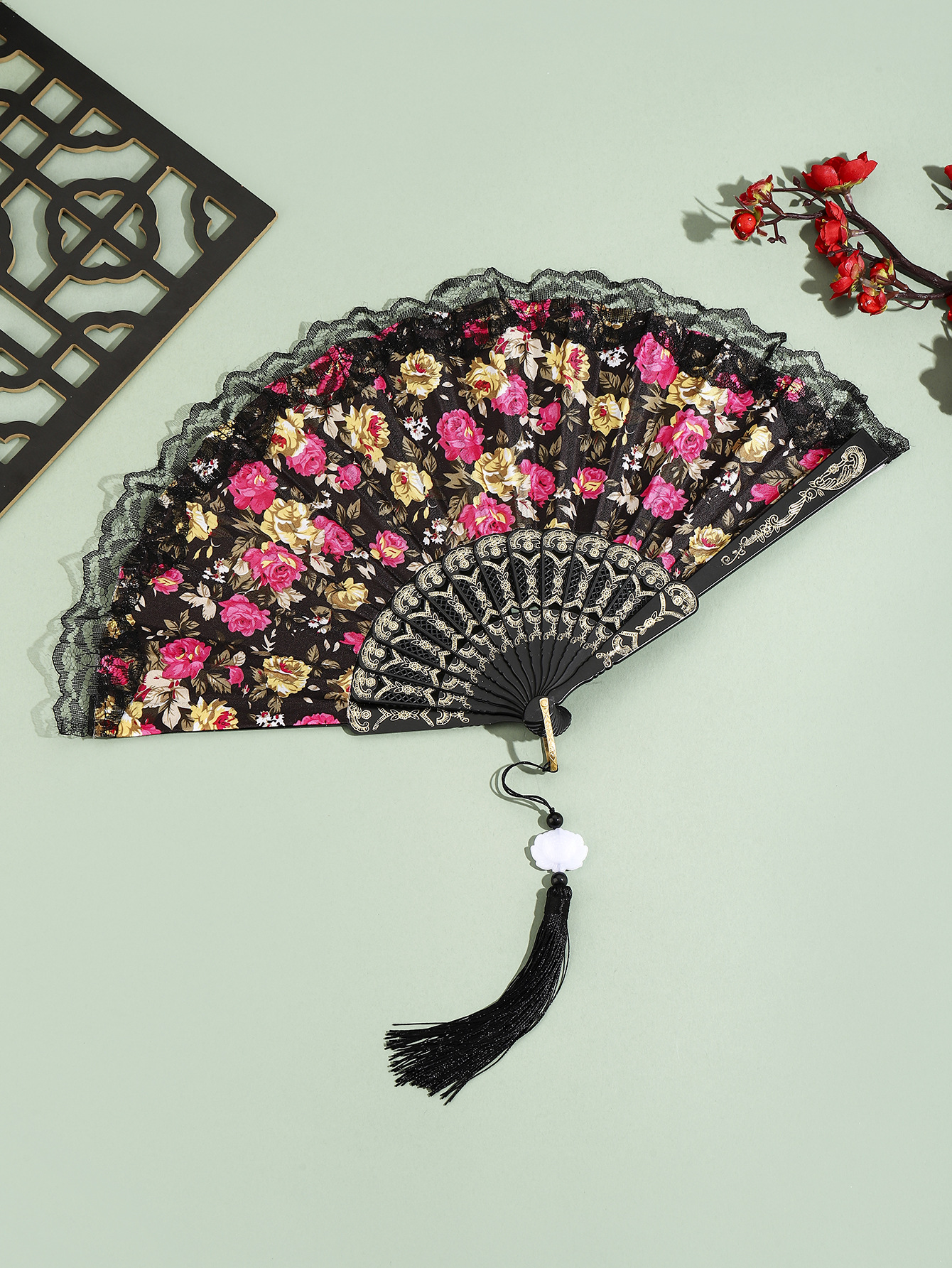 Abanico Plegable de Algodón con Borlas y Encaje para Decoración image 11