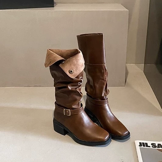 Leather retro high boots platform, belt, denim buckle