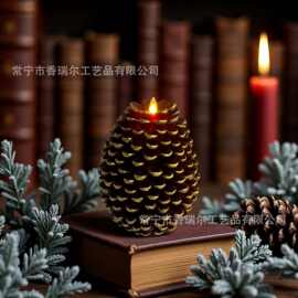 跨境圣诞新品仿真松果造型遥控led电子石蜡蜡烛灯氛围装饰摆件
