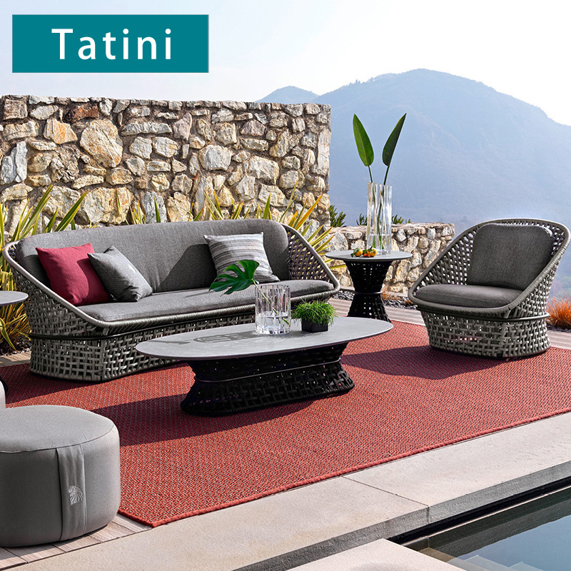 Villa patio al aire libre sofá trenzado de cuerda hotel jardín impermeable protección solar moderno casual mesa de té de aleación de aluminio