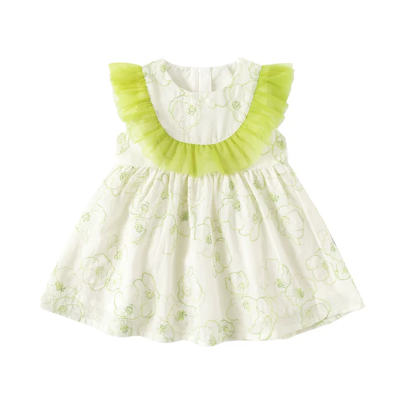 Summer vest, girl's skirt, children's green dress with sleeves, western style