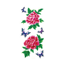 性感蓝色花朵玫瑰牡丹临时纹身大贴纸假防水人体艺术手臂蝴蝶
