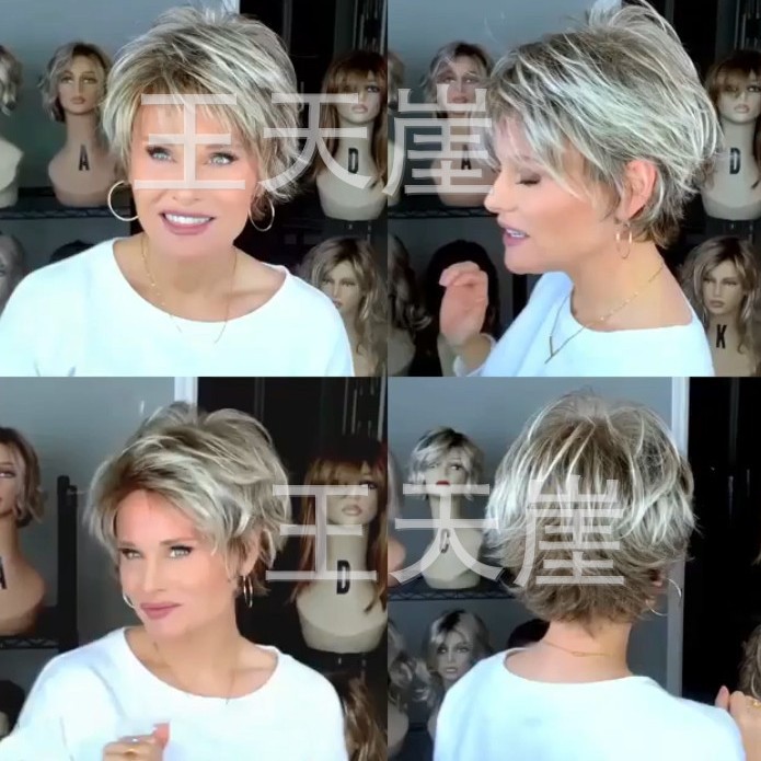 European and American style mixed gold fluffy short curly wig for middle-aged and elderly women, with side bangs and layered short hair, high-temperature resistant