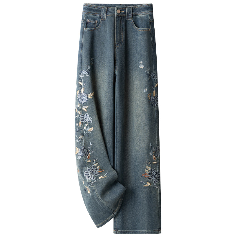 Embroidered Dark Denim Jeans for Women, Winter Fleece-Lined, 2025 New Style, Slimming Straight-Leg Pants, Narrow Fit for Pear-Shaped Body