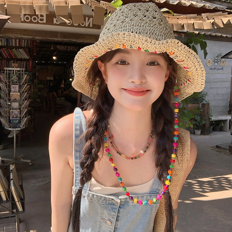 新款泫雅风彩珠渔夫帽夏季海边草帽女大帽檐遮阳防晒帽可折叠帽子|undefined