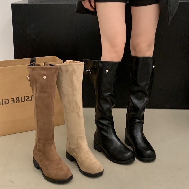英伦风不过膝长筒靴女2025新款拉链厚底高筒靴褶皱堆堆靴|undefined
