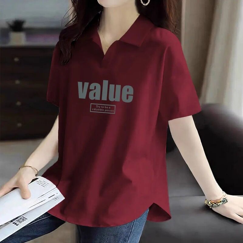 92% 綿POLO襟女装大サイズ半袖tシャツ女性ファッション夏カジュアルファッションゆるい太ったmm痩せた襟|undefined