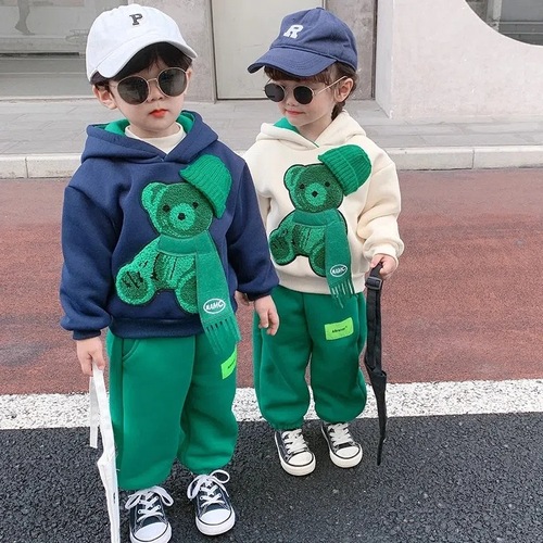 Children's Bear Set Autumn Korean Version New Baby Hooded Sweatshirt Trendy Cool Stylish and Charming Street Style Two-Piece Set