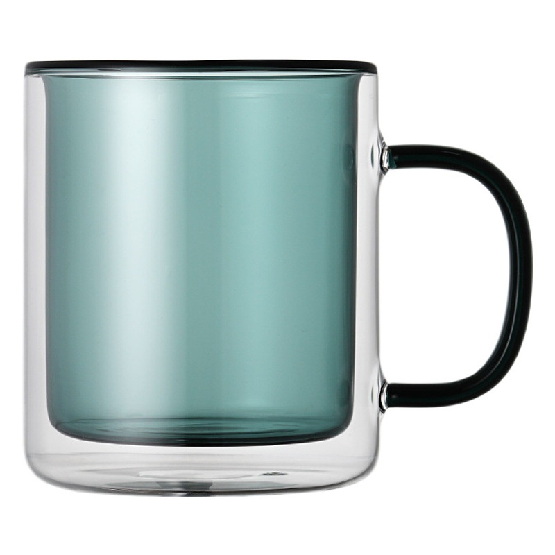 Vaso de vidrio de doble capa al por mayor para el hogar con asa Vaso de vidrio de borosilicato Taza de café simple Taza de color de desayuno