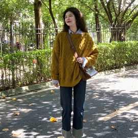 秋冬新款甜美复古慵懒风麻花加厚圆领毛衣女学生宽松针织衫上衣潮