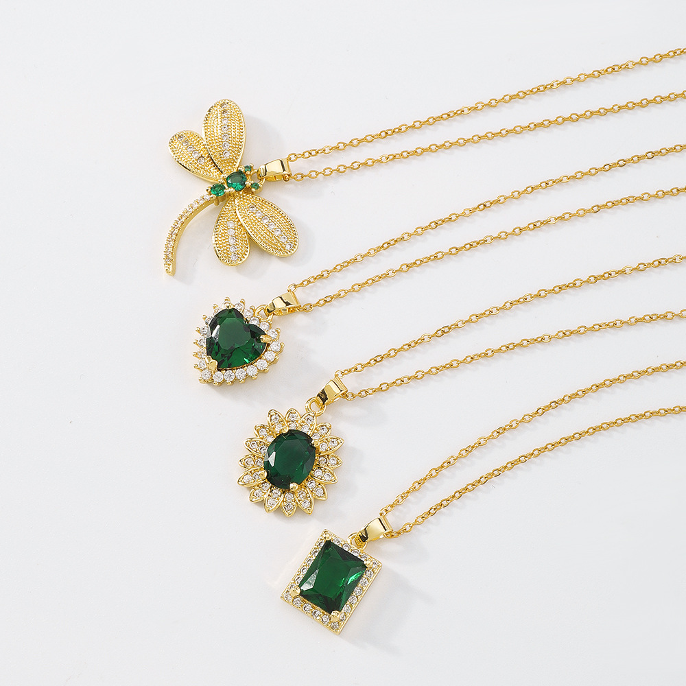 retro heart green diamond necklace animal geometric clavicle chain