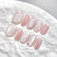 公主甜心2025年春夏新款粉色蝴蝶結貓眼穿戴甲甜酷可愛美甲貼片