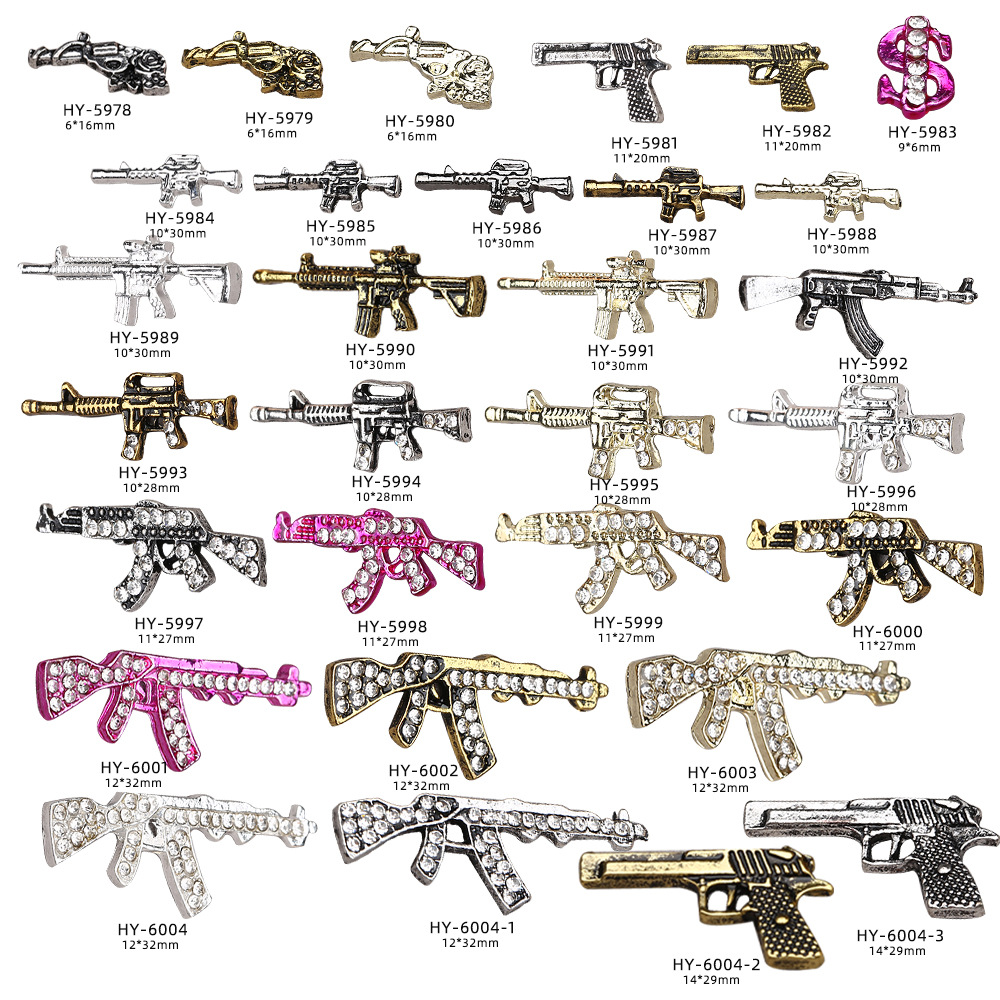 Europa y los Estados Unidos en línea con diamantes AK armas de manicuría joyas de simulación de personalidad tridimensional armas de fuego decoración de uñas al por mayor