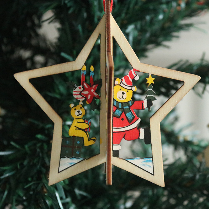 クリスマス装飾品木製クリスマスレーザー透かし彫りクリスマスツリー小さなペンダント木製五角星鈴オンフックプレゼント|undefined