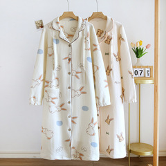 Autumn and Winter Quilted Maternity Nightdress | Spring/Summer Pure Cotton Air-Layer Postpartum Dress | Loose-Fit Cartoon Cardigan with Long Sleeves | Nursing Dress