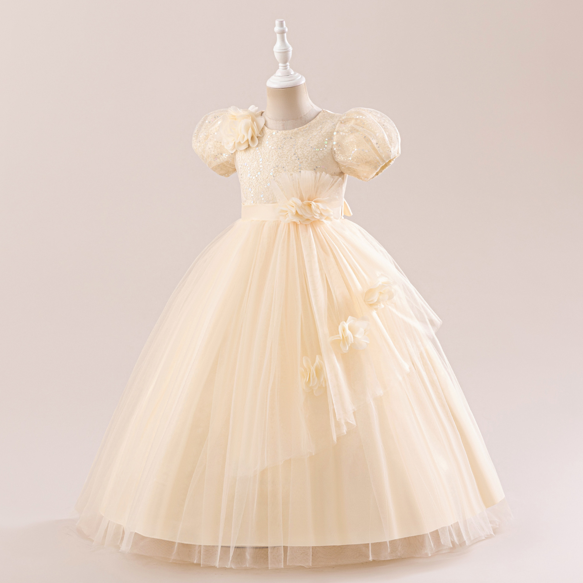 2025 nuevo vestido de niñas vestido de piano vestido de malla vestido infantil vestido de princesa vestido de calcomanías esquinado vestido