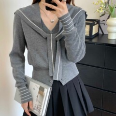 韩系海军领系带条纹针织开衫女秋季新款设计感时尚学院风毛衣外搭