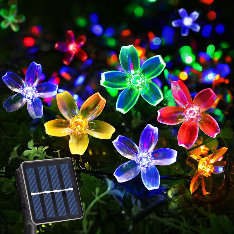 led solar cherry blossom lights string outdoor flowers christmas fairy lights garden fence courtyard christmas tree decoration lights