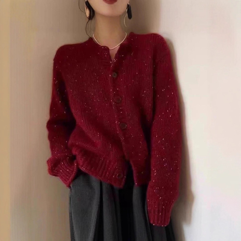 Autumn and Winter Shiny Silk Christmas Red 100% Wool Cardigan for Women, European Style New Year Zodiac Year Knitwear, Thick Sweater Coat Autumn and Winter Shiny Silk Christmas Red 100% Wool Cardigan for Women, European Style New Year Zodiac Year Knitwear, Thick Sweater Coat