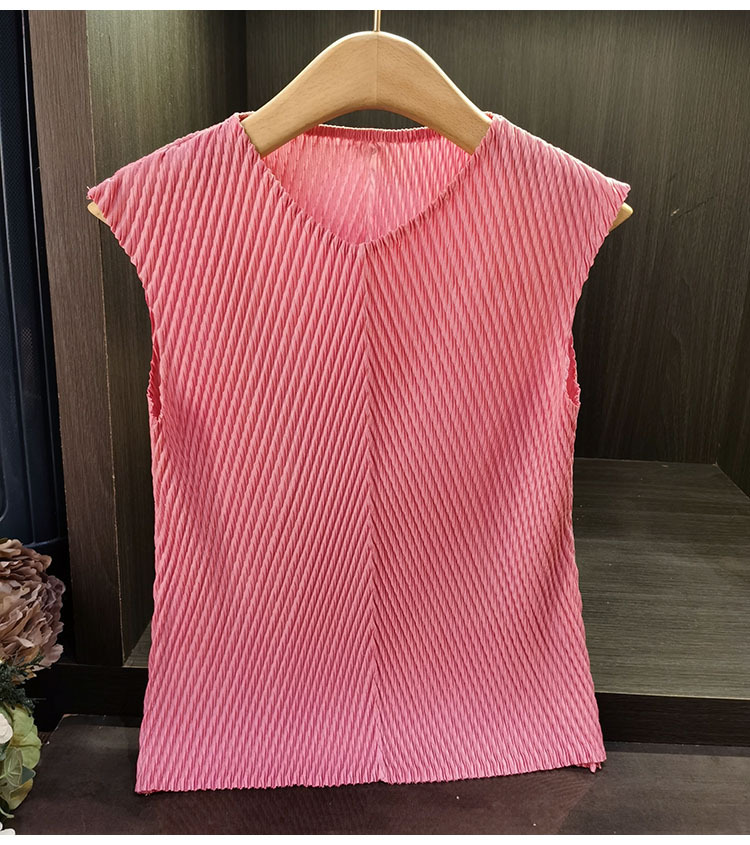Áo thun ngắn tay cổ chữ V xếp ly vảy rồng đơn giản, thanh lịch đa năng, thiết kế tôn dáng cho nữ mùa hè — Màu đen, Màu xanh lục nhạt, Màu hồng, Màu trắng chi tiết 3