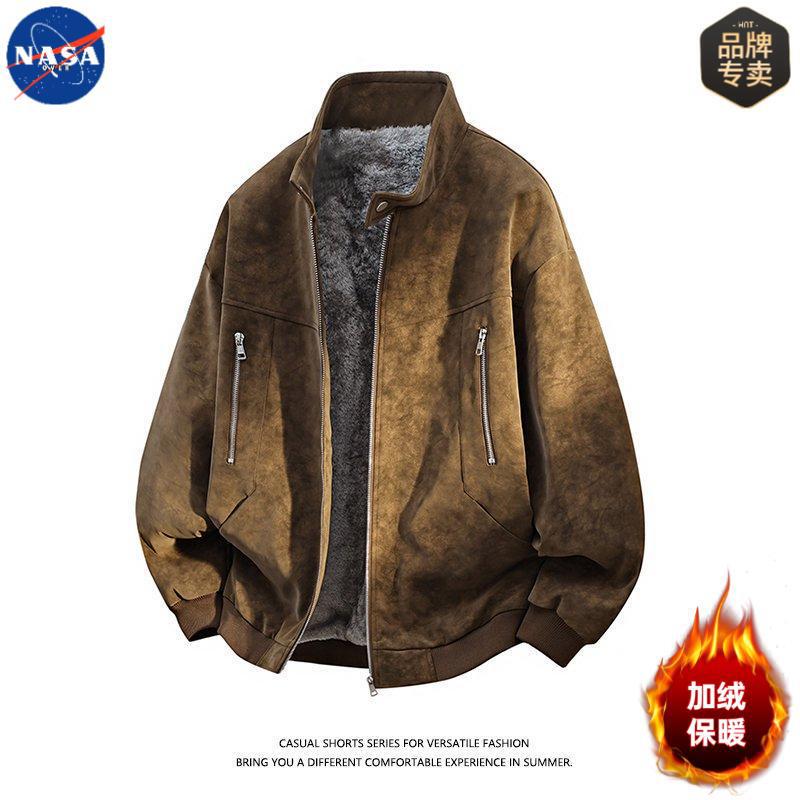 Nasa Brand High-Quality Large Size Velvet Pu Leather Jacket Men's Winter Warm Fleece-Lined Thickeneded Design Jacket