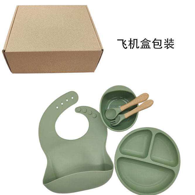 Venta caliente transfronteriza promoción precio bajo suplemento alimenticio de silicona para niños plato tazón tenedor cuchara babero seis piezas vajilla certificación completa