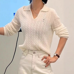 钻柜在售新款POLO翻领拉夫小马刺绣麻花长袖针织衫宽松气质毛衣
