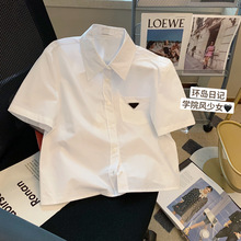 白色三角标polo领短袖衬衫女夏2023新款时尚简约减龄气质半袖衬衣