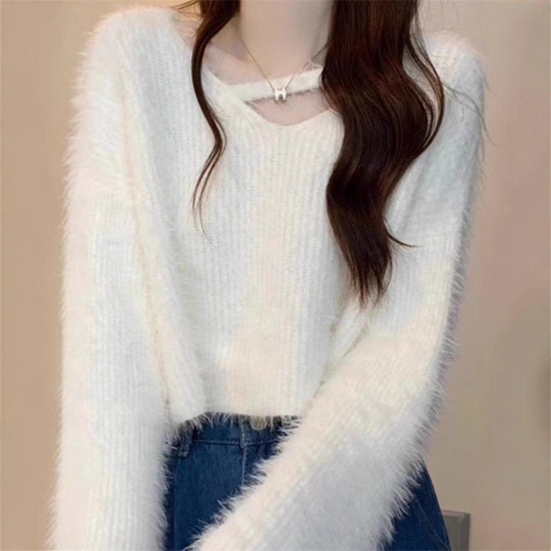가을 겨울 신상 모조 밍크 융 소프트 찰기 니트 여성 긴 소매 나른한 바람