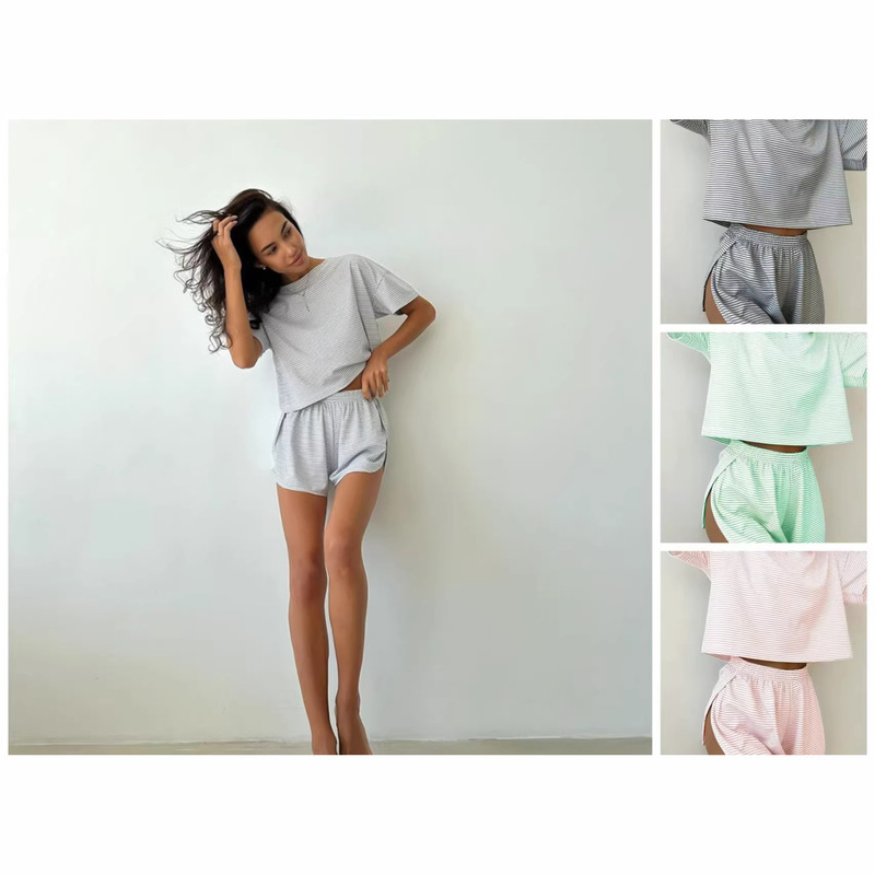 2026 European and American Autumn Knitted Striped Pajamas Loose Short-Sleeve Shorts Set Fashionable Cross-Border Loungewear for Women 2026 European and American Autumn Knitted Striped Pajamas Loose Short-Sleeve Shorts Set Fashionable Cross-Border Loungewear for Women