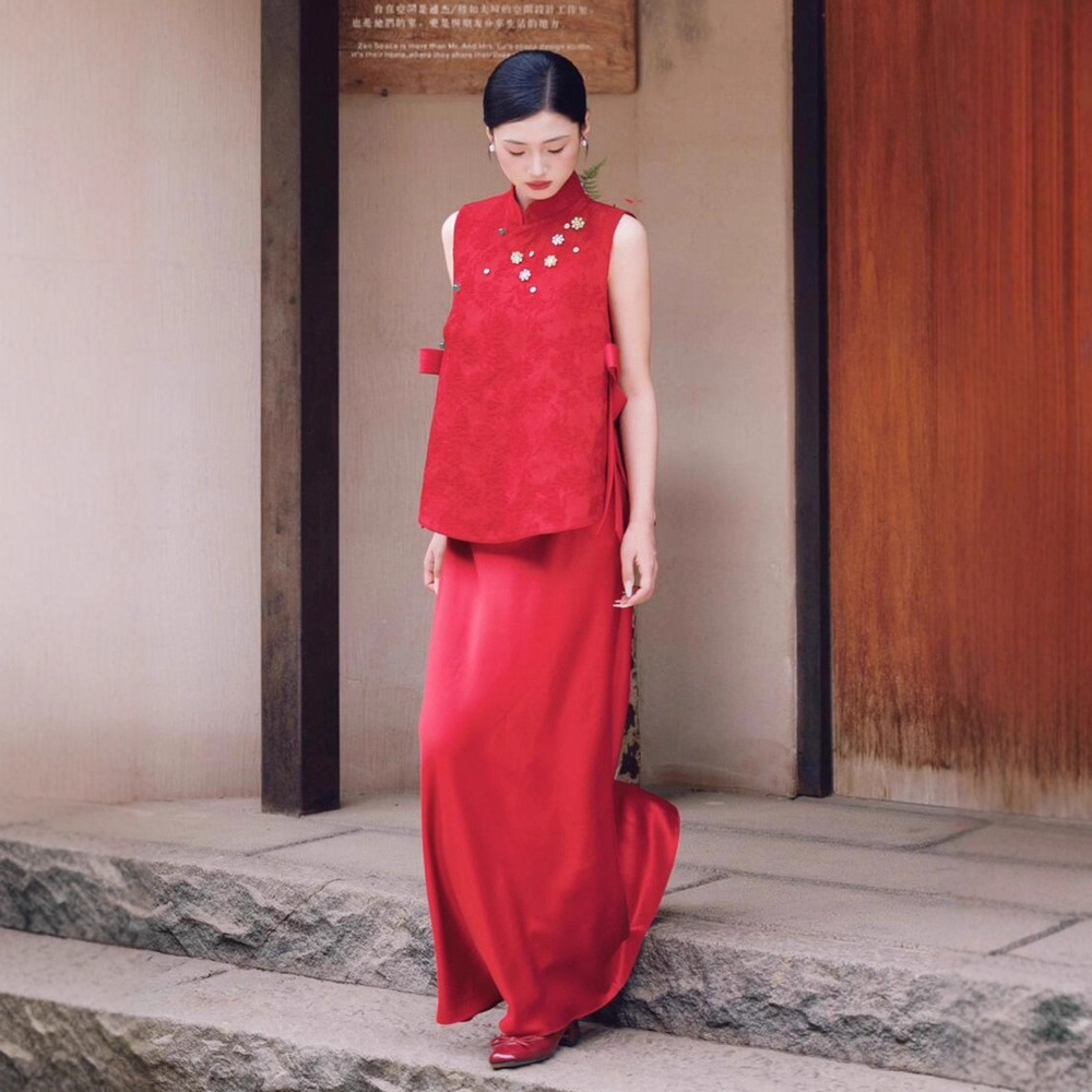 New Chinese Style Red Morning Dress for Female Bride, Morning Robe, Toast Suit, Two-Piece Suit, Cheongsam, Chinese Style Engagement Toast Suit