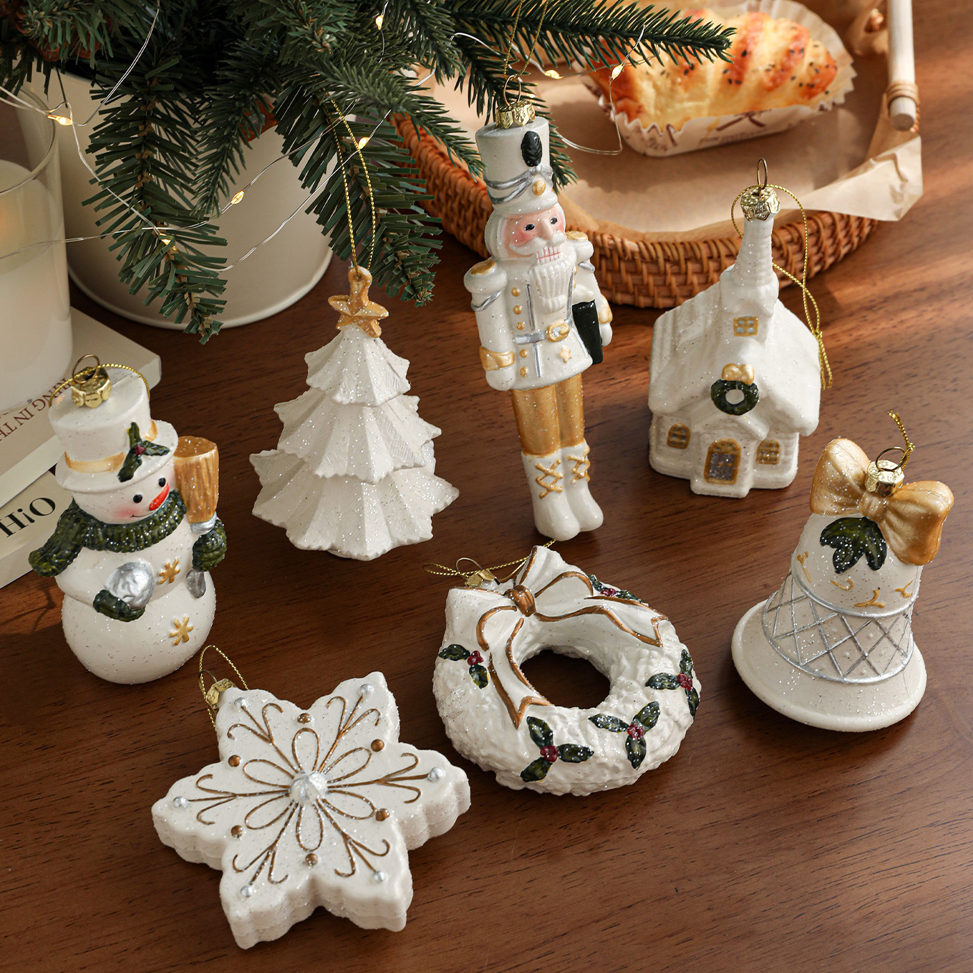 Nuevo plástico blanco verde flocos de nieve Santa colgante colgante árbol de Navidad colgante decoración suministros en stock