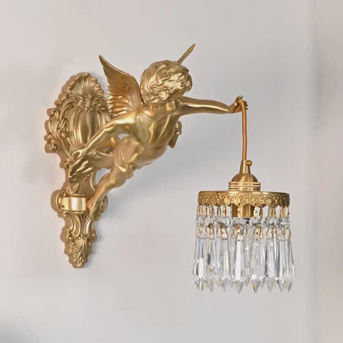 French full copper angel wall lamp for antique living room, bedroom, study, corridor wall light, American retro light luxury crystal lighting