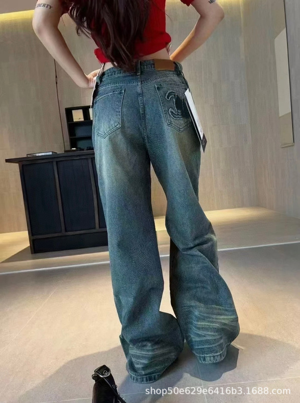 美式水洗复古做旧阔腿牛仔裤女春秋新款高腰显瘦宽松直筒拖地长裤|undefined