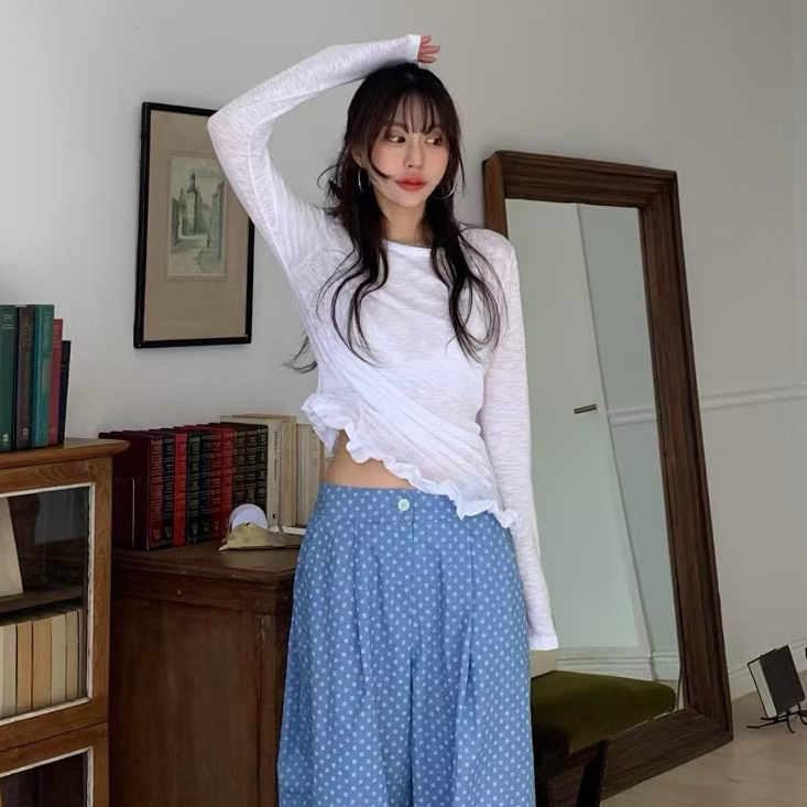 South Korea ins 2025 Spring and Summer New Korean Style Design Sense Lace Slant Hem All-match Slim-fit Base T-shirt Top