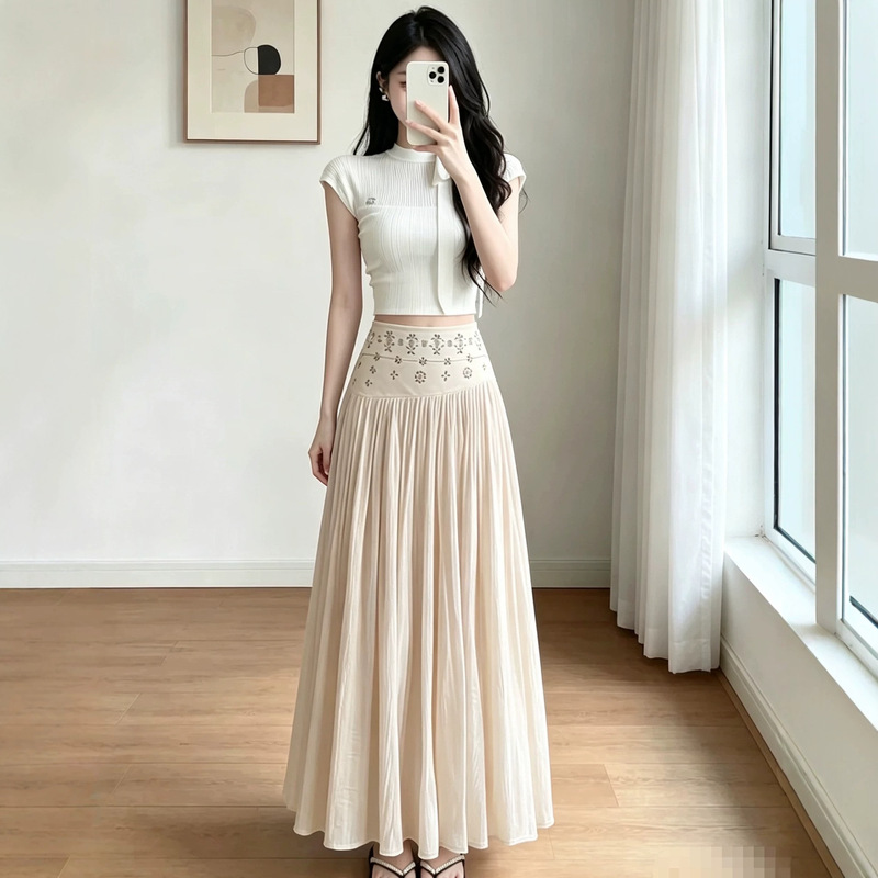Heavy-duty studded high-waisted cotton-linen long skirt with a relaxed drape and full hemline, creating a gentle and relaxed atmosphere, versatile half skirt Heavy-duty studded high-waisted cotton-linen long skirt with a relaxed drape and full hemline, creating a gentle and relaxed atmosphere, versatile half skirt
