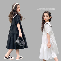 女童連衣裙2024夏新款撞色領中學生短袖連衣裙棉長裙可愛女孩裙子
